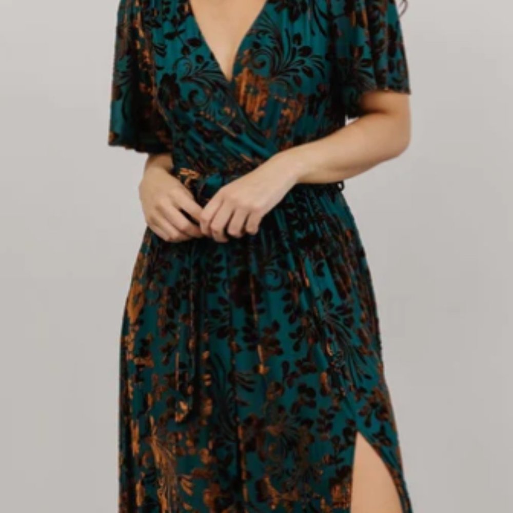 Baltic Born Uma Velvet Maxi Dress Bronze and Jade